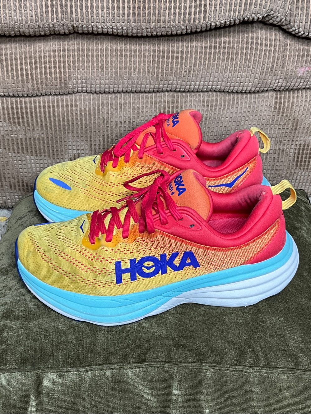 Hoka Mens Sneakers in Yellow, Pink & Blue size7.2E